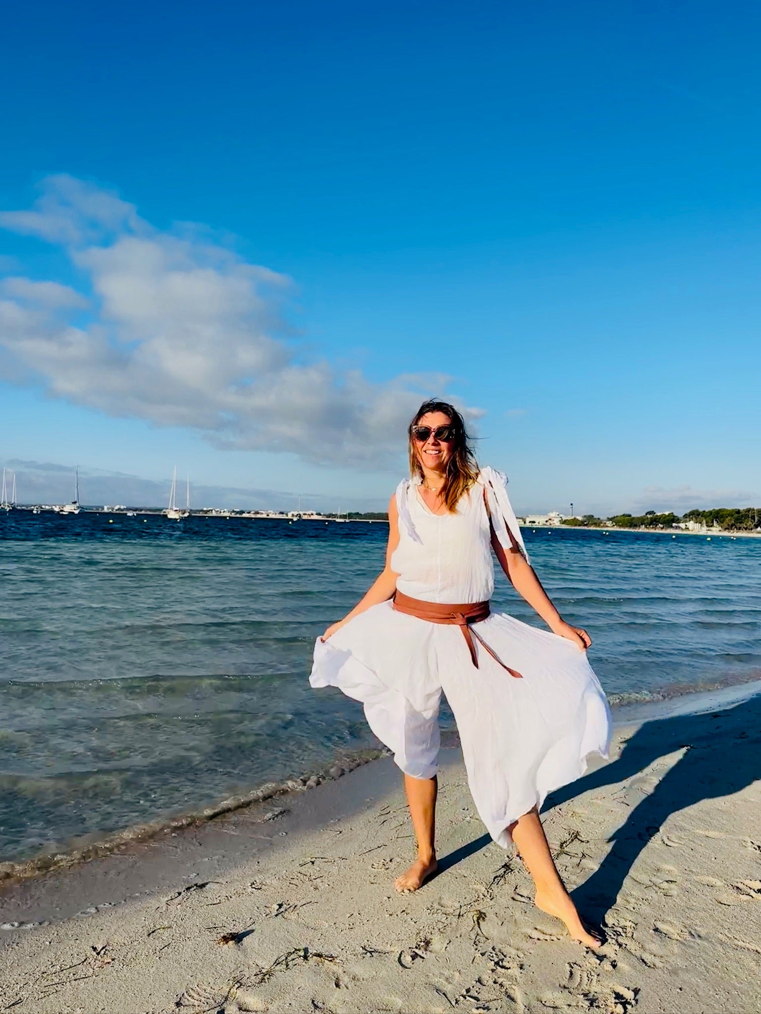 Jumpsuit Tie Shoulder V-Neck Linen - White