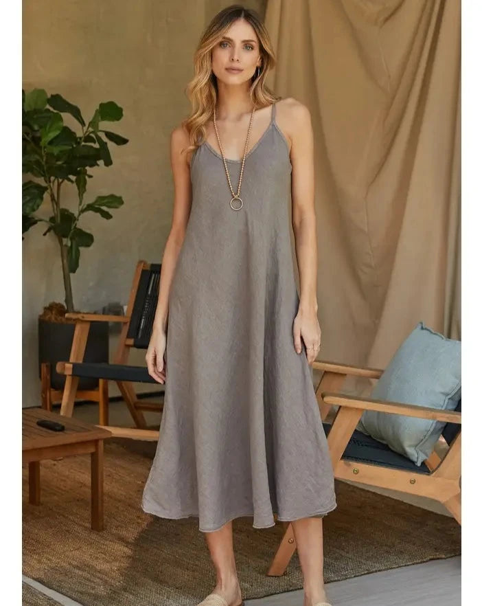 Italian Linen Spaghetti Strap V-Neck Full-Length Slip Dress