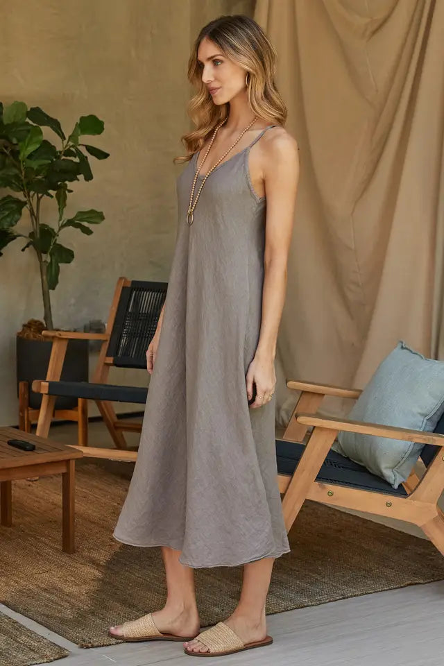 Italian Linen Spaghetti Strap V-Neck Full-Length Slip Dress