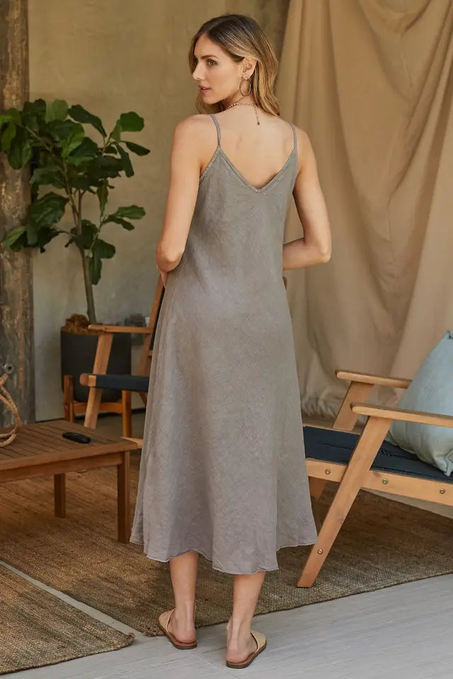Italian Linen Spaghetti Strap V-Neck Full-Length Slip Dress