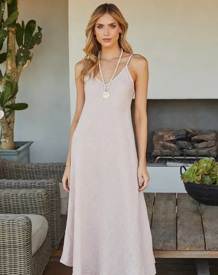 Italian Linen Spaghetti Strap V-Neck Full-Length Slip Dress