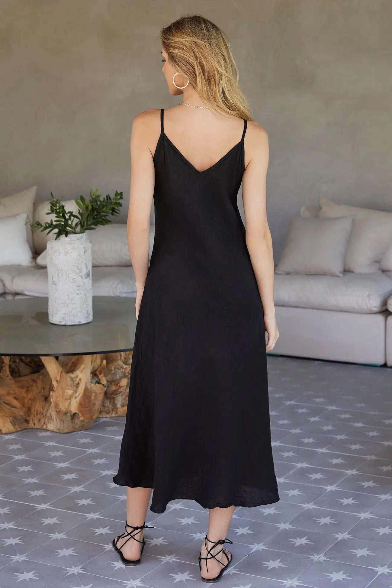 Italian Linen Spaghetti Strap V-Neck Full-Length Slip Dress - Black