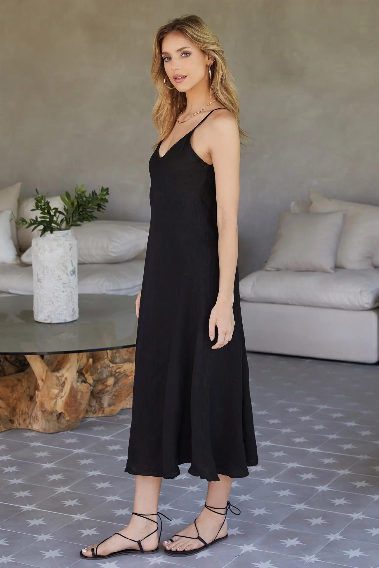 Italian Linen Spaghetti Strap V-Neck Full-Length Slip Dress - Black