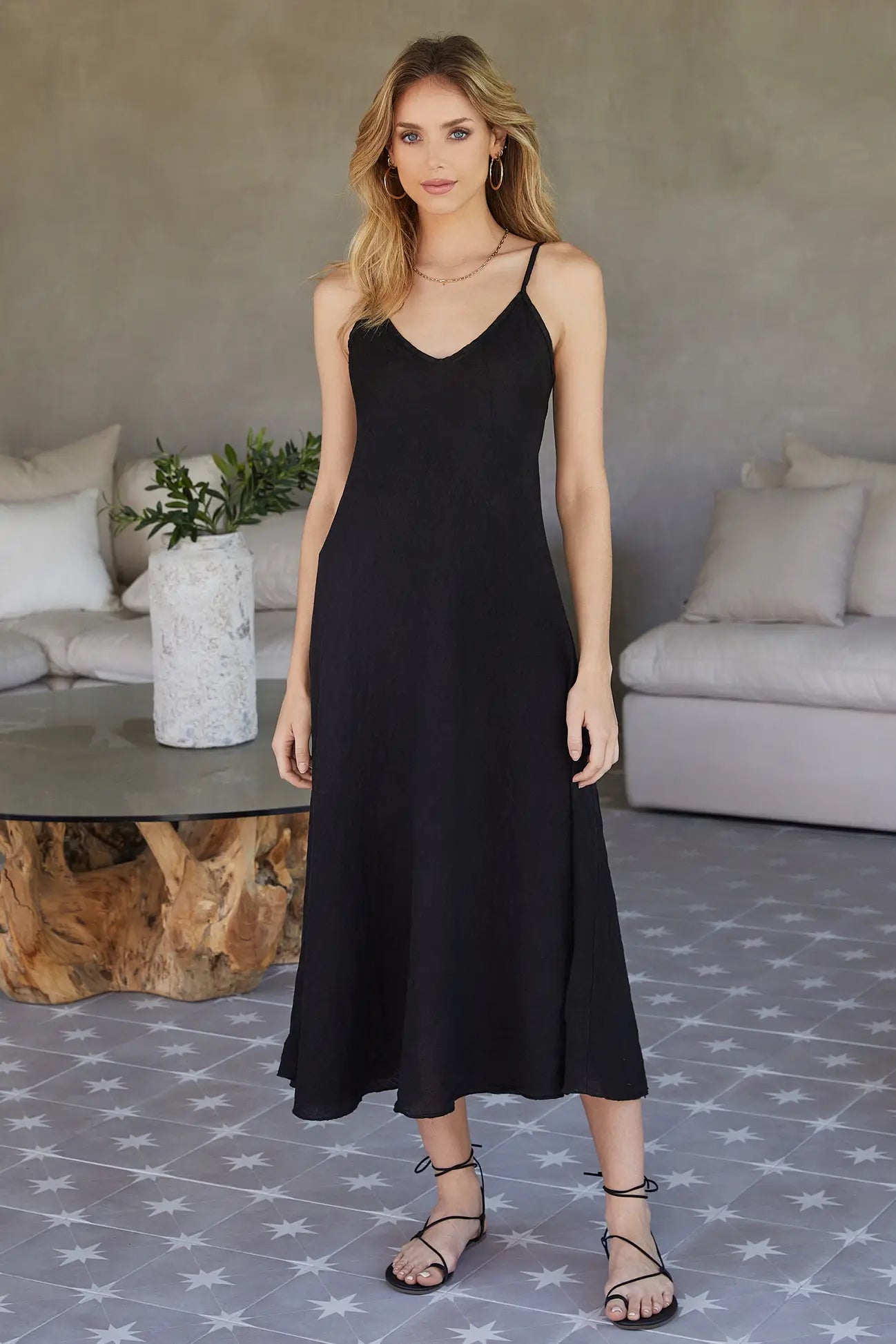 Italian Linen Spaghetti Strap V-Neck Full-Length Slip Dress - Black