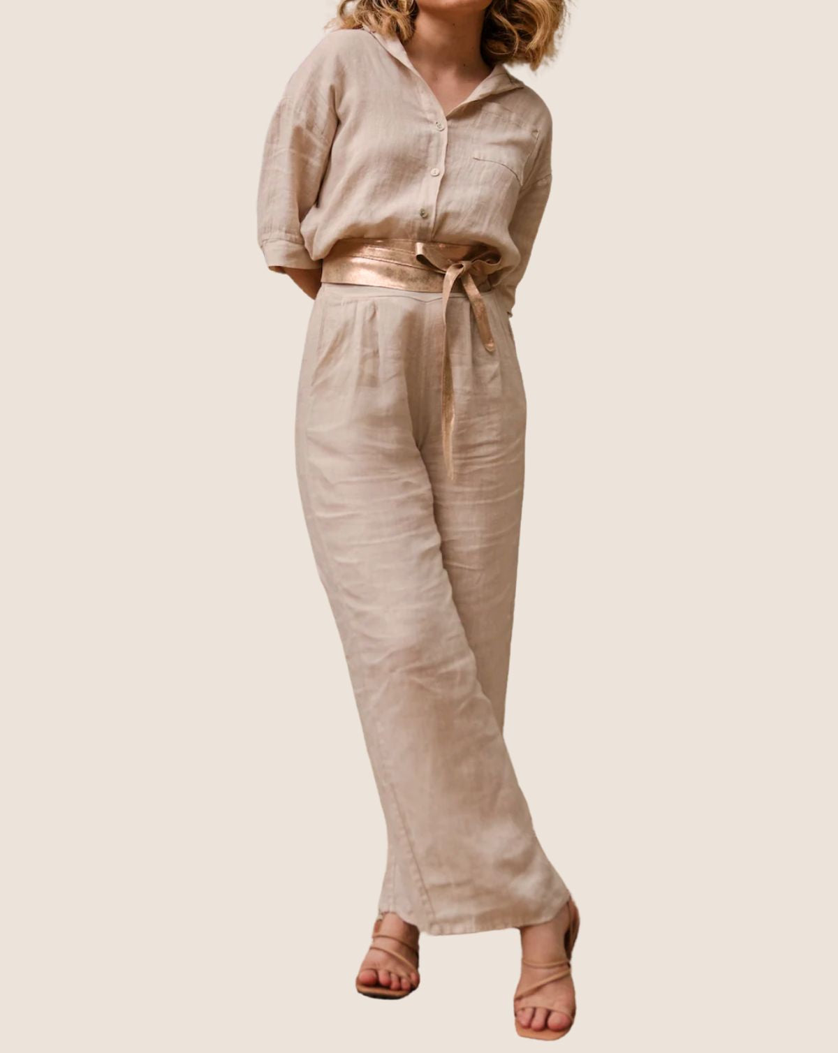 Italian Linen 3/4 SLV Button Down Shirt - Beige
