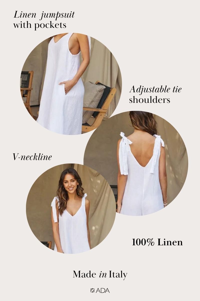 Jumpsuit Tie Shoulder V-Neck Linen - White