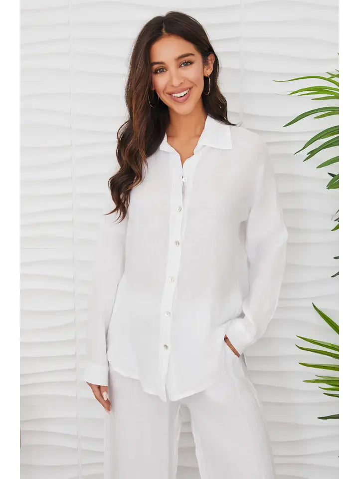 Linen Long Sleeve Button Down Shirt - White