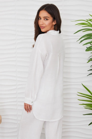 Linen Long Sleeve Button Down Shirt - White