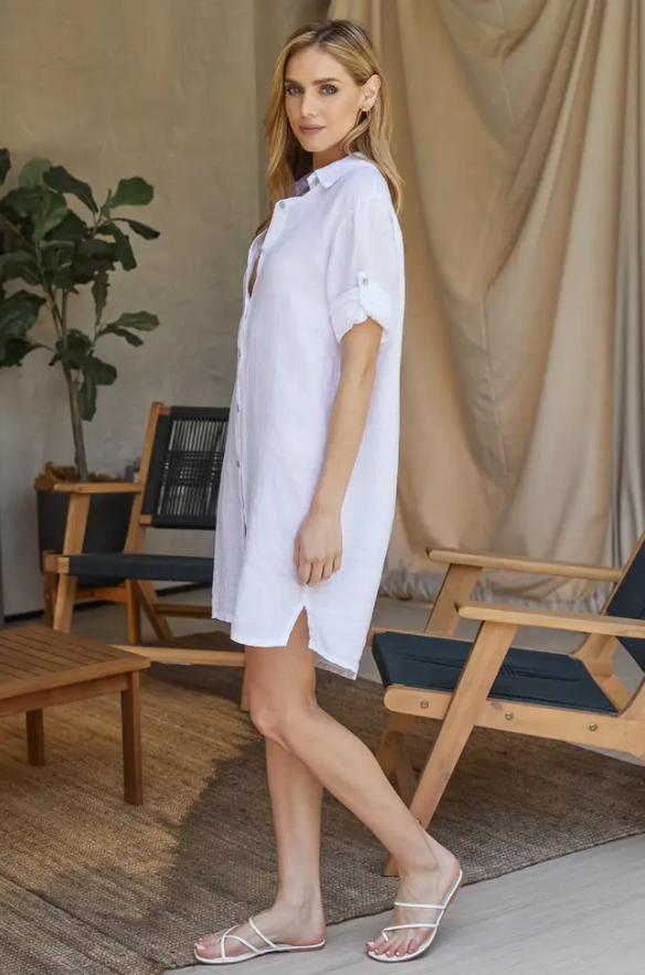 Linen Mid-Length Button Down Dress - White
