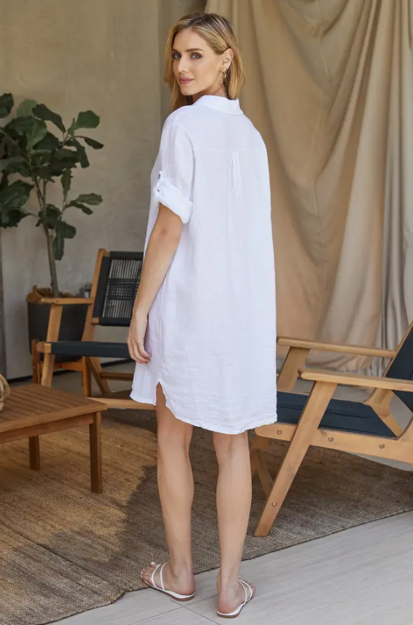 Linen Mid-Length Button Down Dress - White