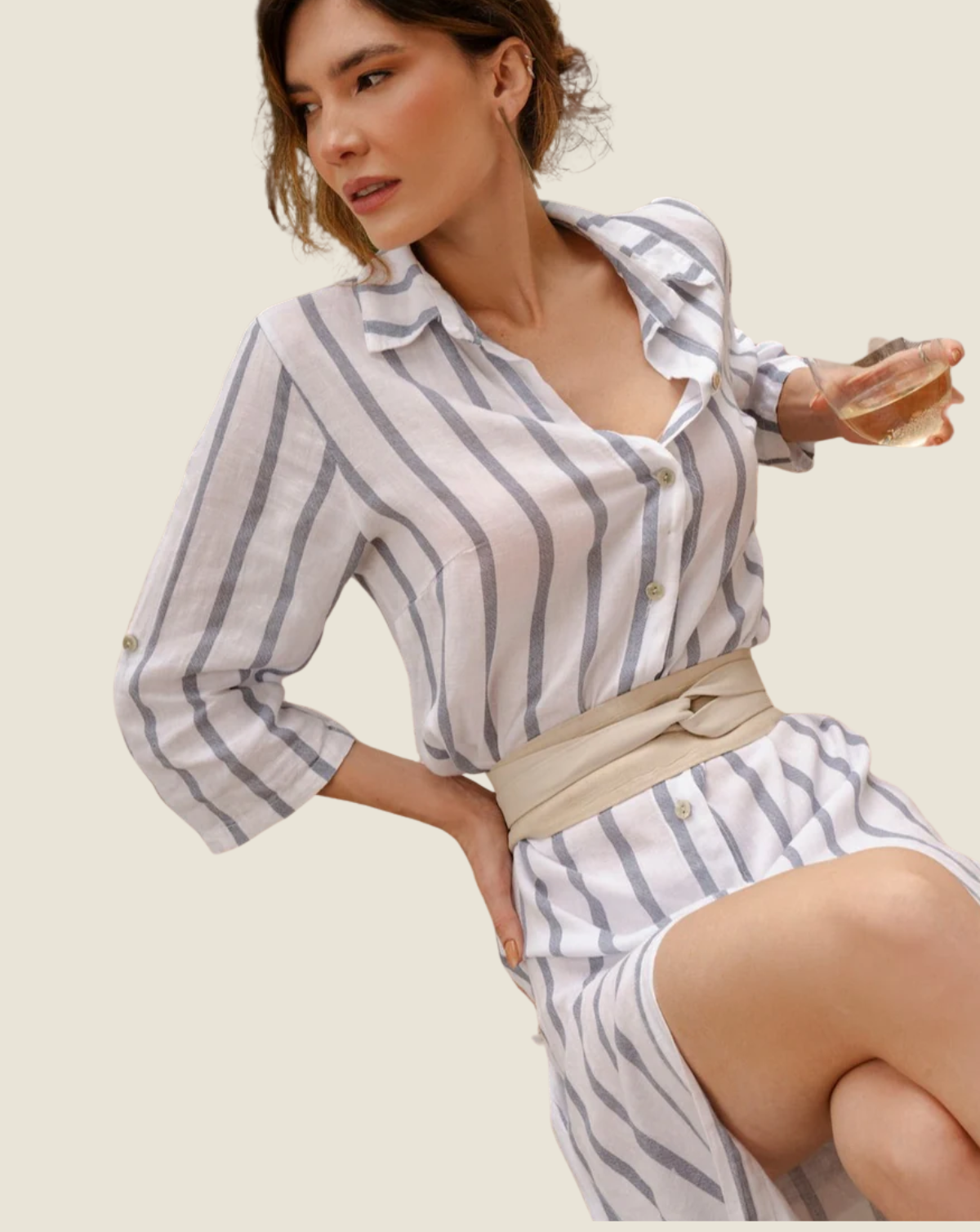 Linen Short Sleeve Striped Button-Down Dress
