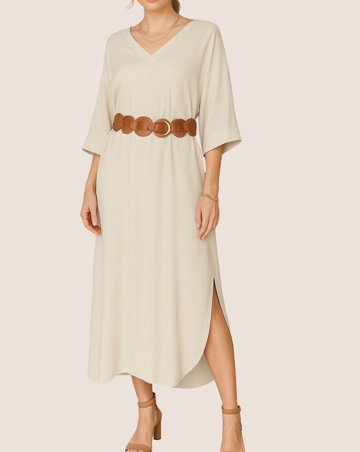 V-Neck Long Sleeve Silky Maxi Dress