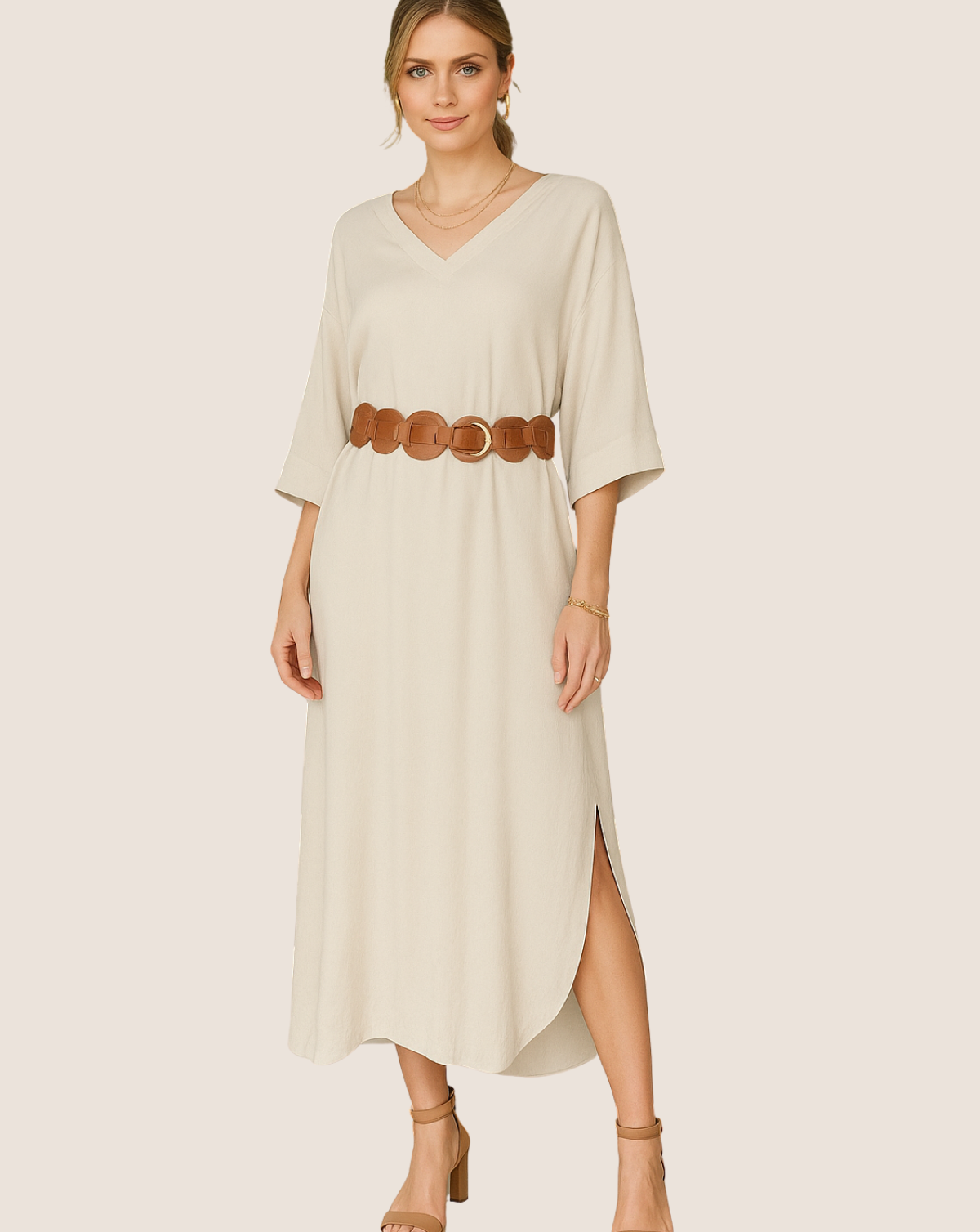 V-Neck Long Sleeve Silky Maxi Dress