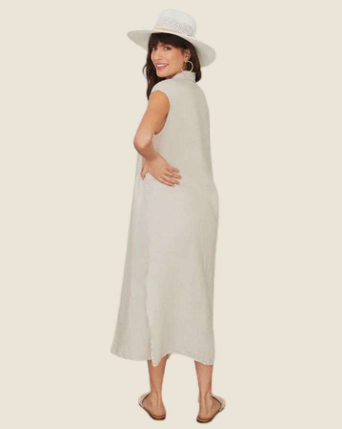 Linen Sleeveless Midi Shirt Dress - Beige