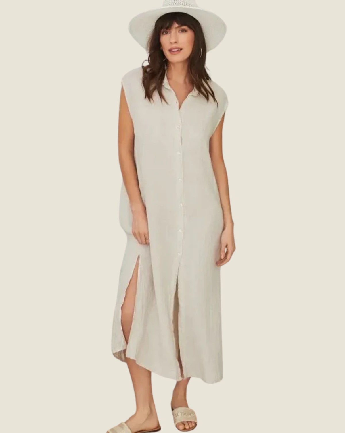 Linen Sleeveless Midi Shirt Dress - Beige