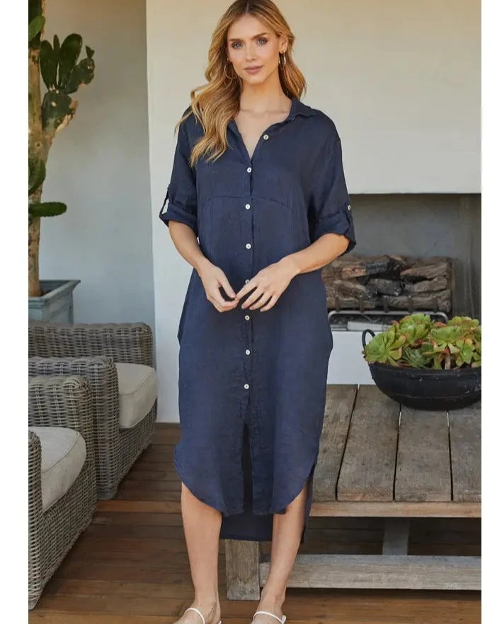 Solid Midi-Length Dress - Navy Blue