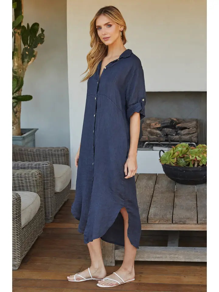 Solid Midi-Length Dress - Navy Blue