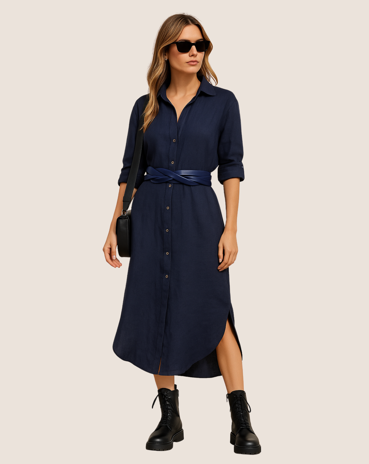 Solid Midi-Length Dress - Navy Blue
