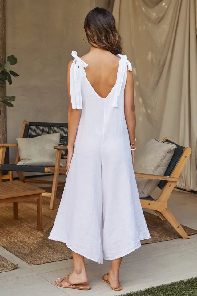 Jumpsuit Tie Shoulder V-Neck Linen - White