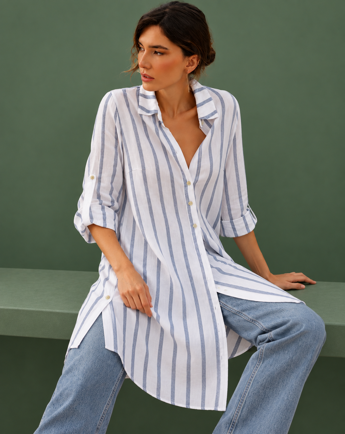 Linen Button-Down Dress - Stripped
