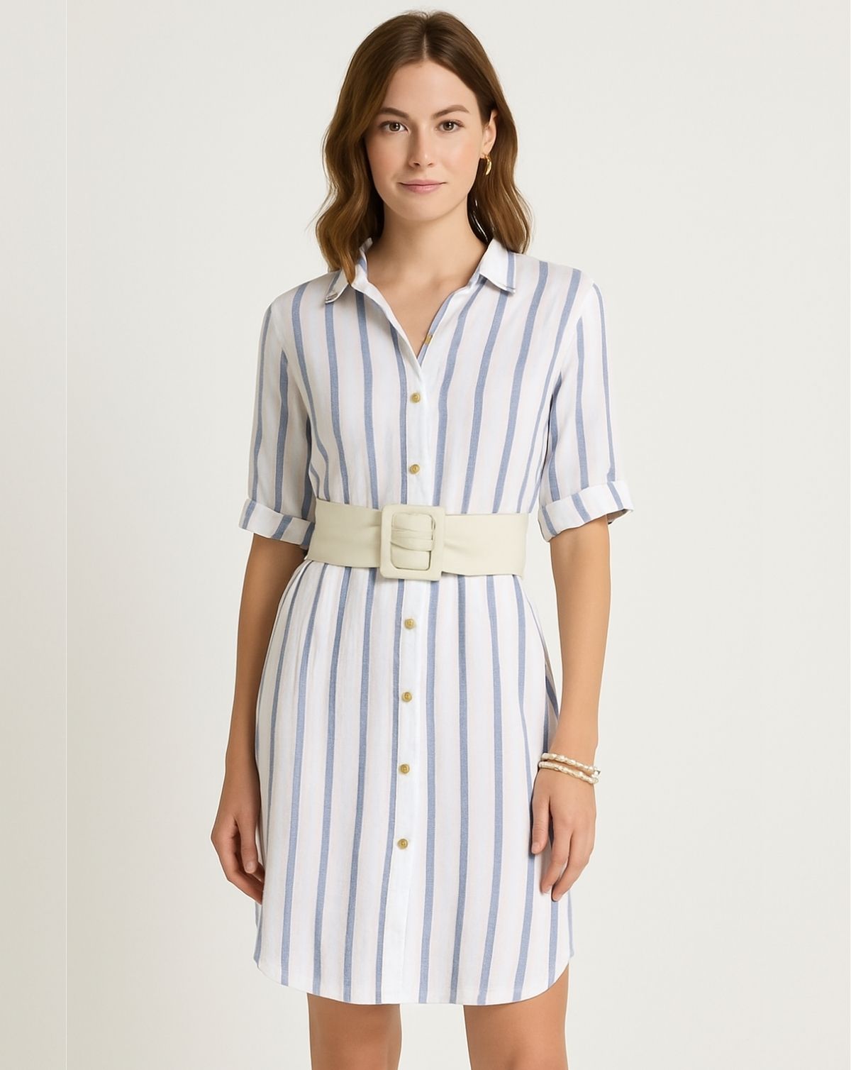 Linen Short Sleeve Striped Button-Down Dress