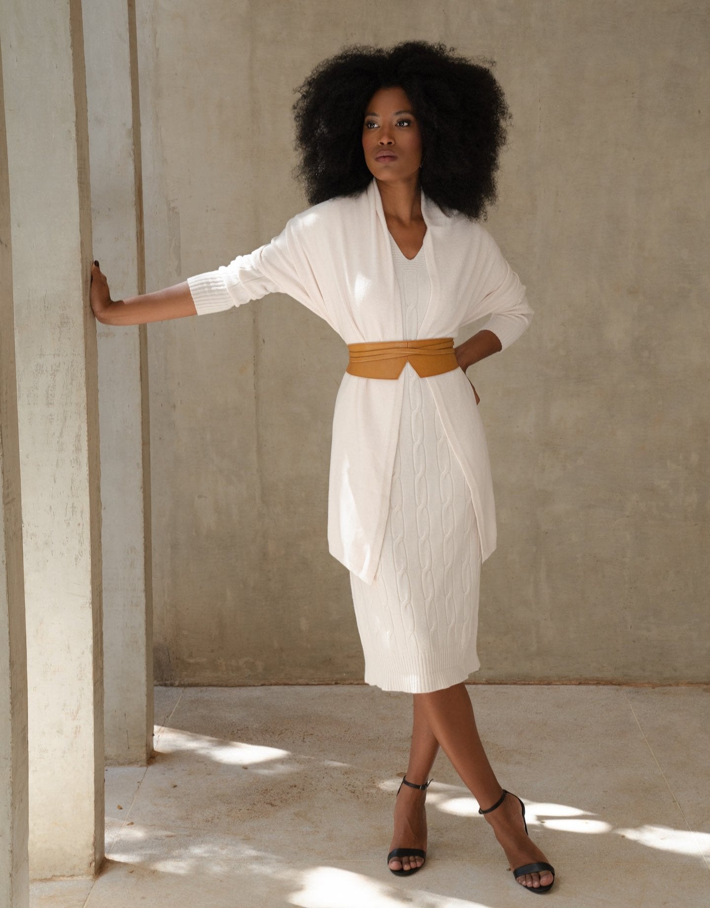 Holiday V-Neck Cable Knit Sweater Dress - Ivory