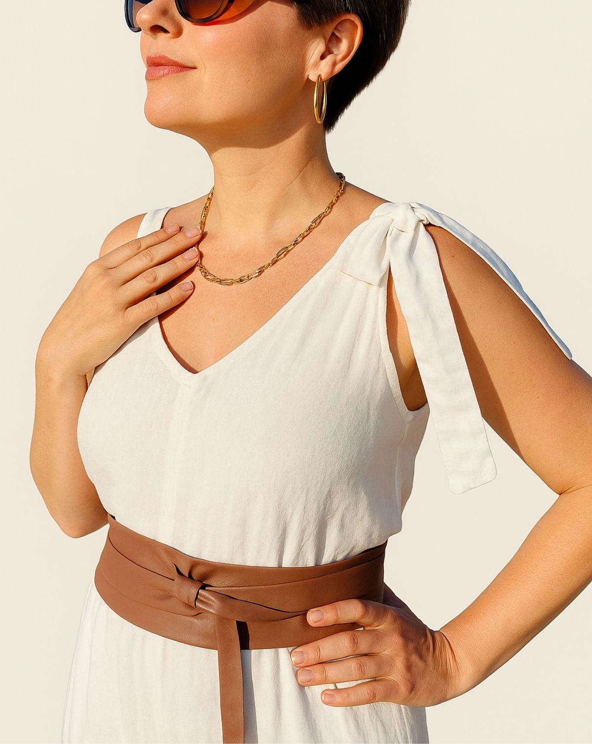 Jumpsuit Tie Shoulder V-Neck Linen - White