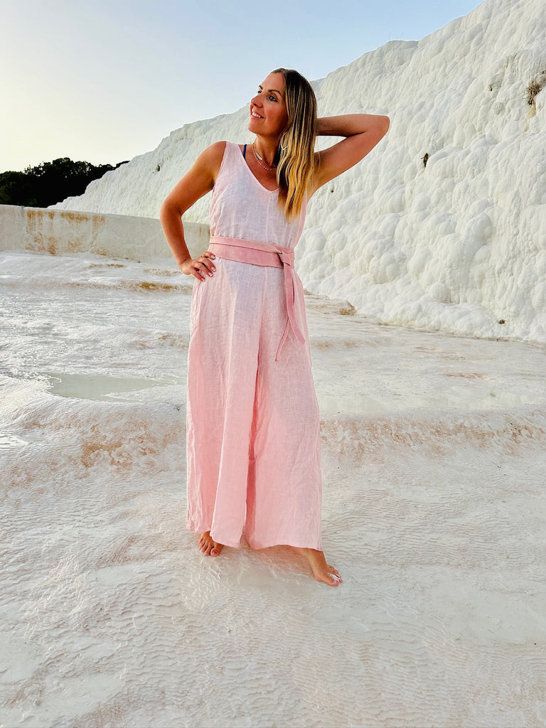 V-Neck Linen Jumpsuit Sleeveless - Blush