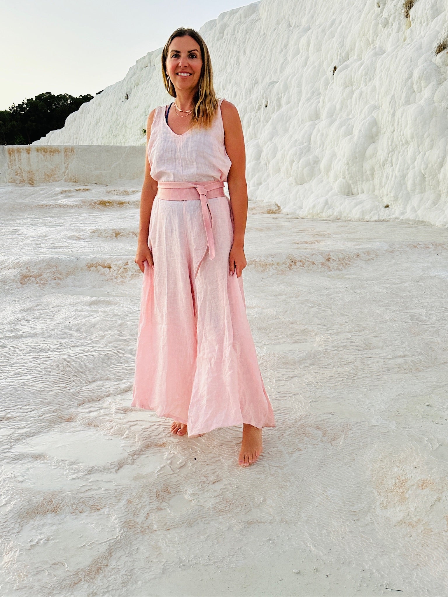 V-Neck Linen Jumpsuit Sleeveless - Blush