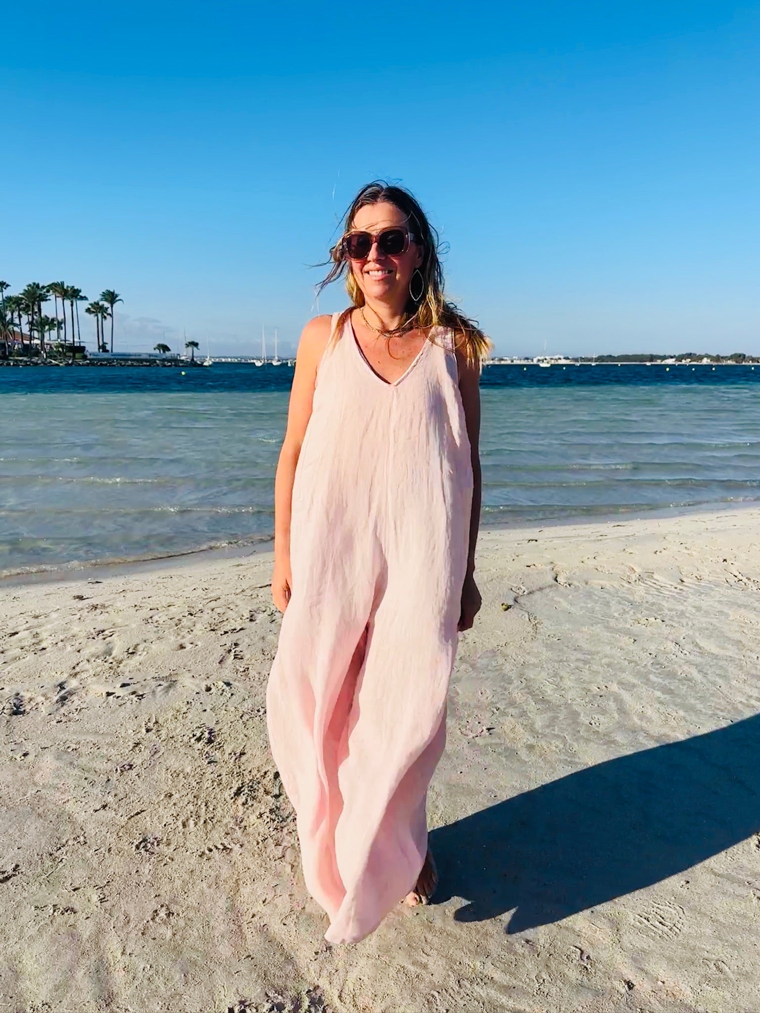 V-Neck Linen Jumpsuit Sleeveless - Blush