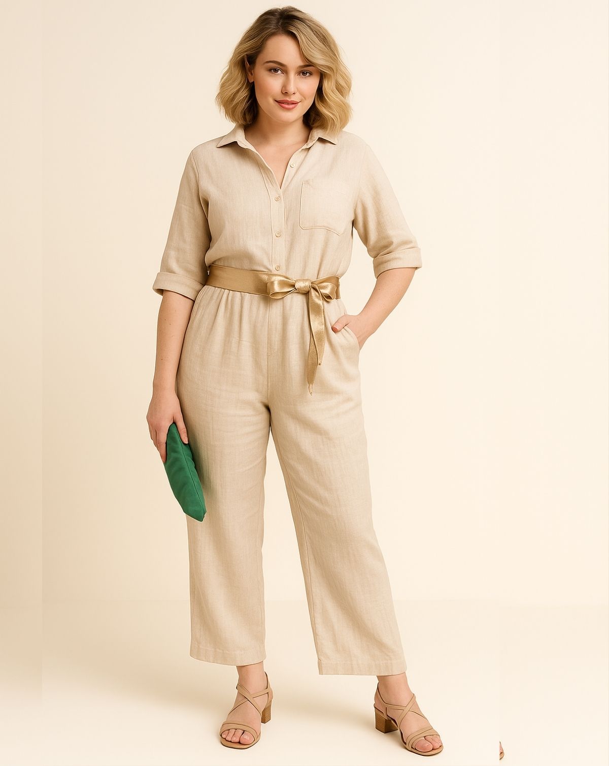 Italian Linen 3/4 SLV Button Down Shirt - Beige