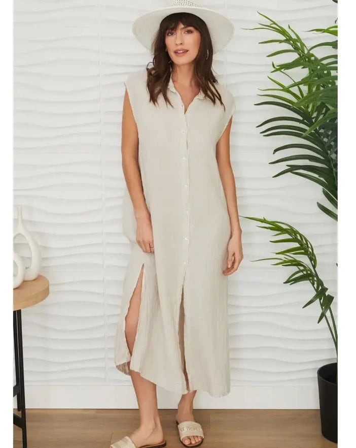 Linen Sleeveless Midi Shirt Dress - Beige
