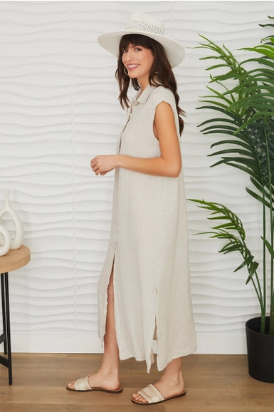 Linen Sleeveless Midi Shirt Dress - Beige