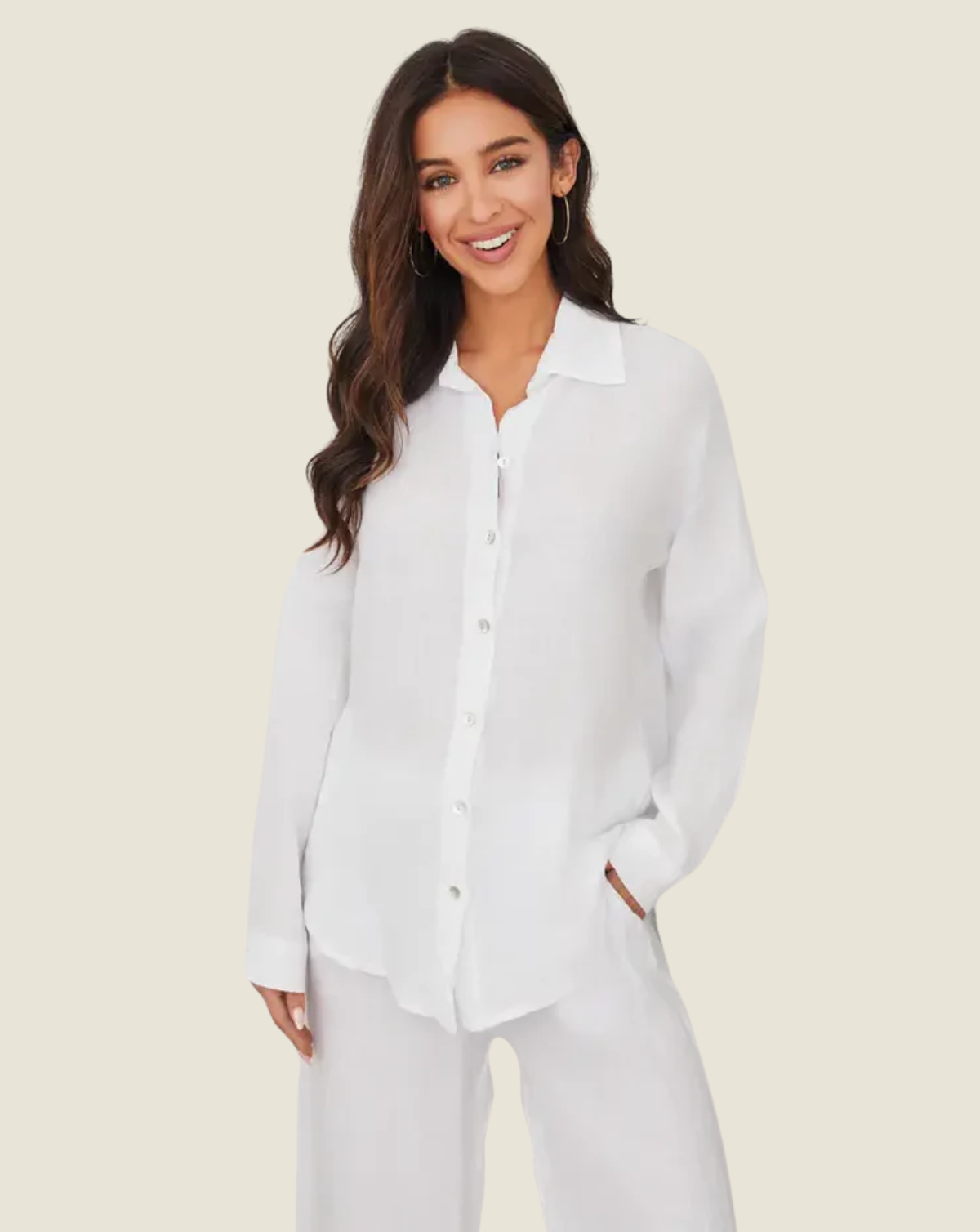 Linen Long Sleeve Button Down Shirt - White