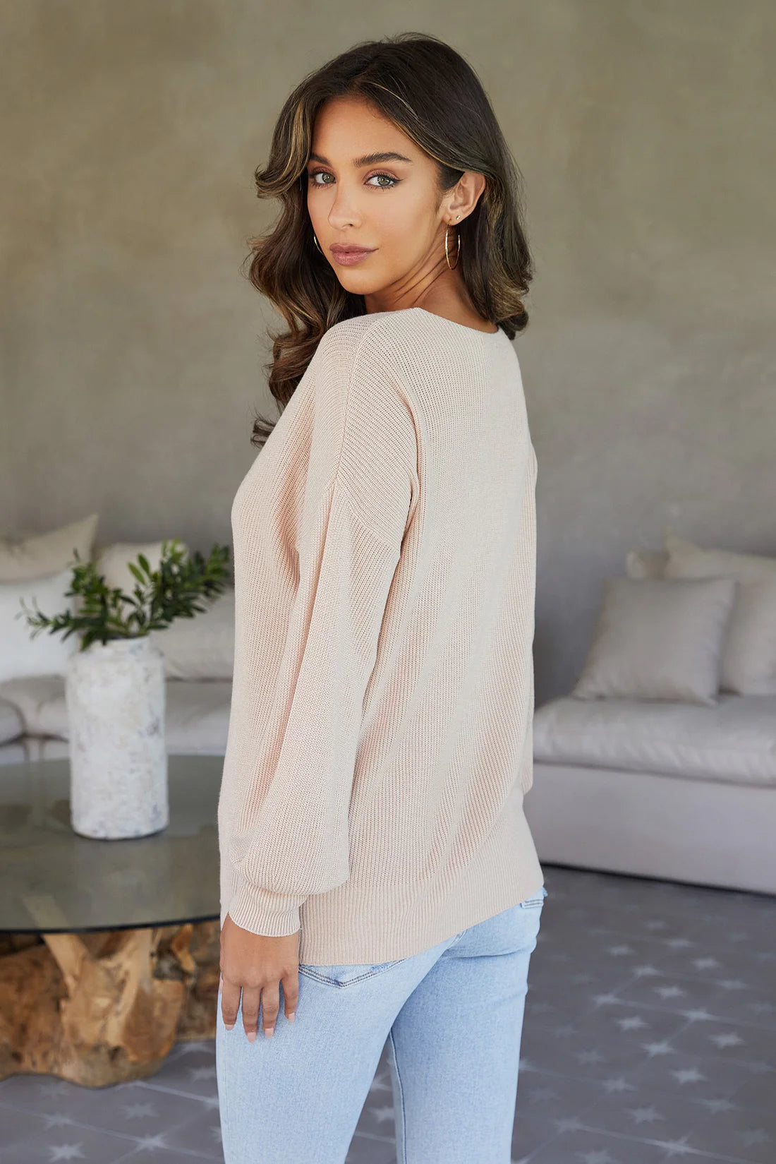 Sun Valley Ribbed V-Neck Sweater - Nude