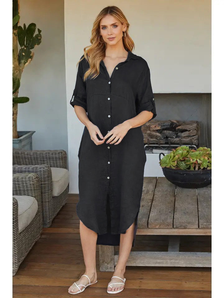 Solid Midi-Length Dress - Navy Blue