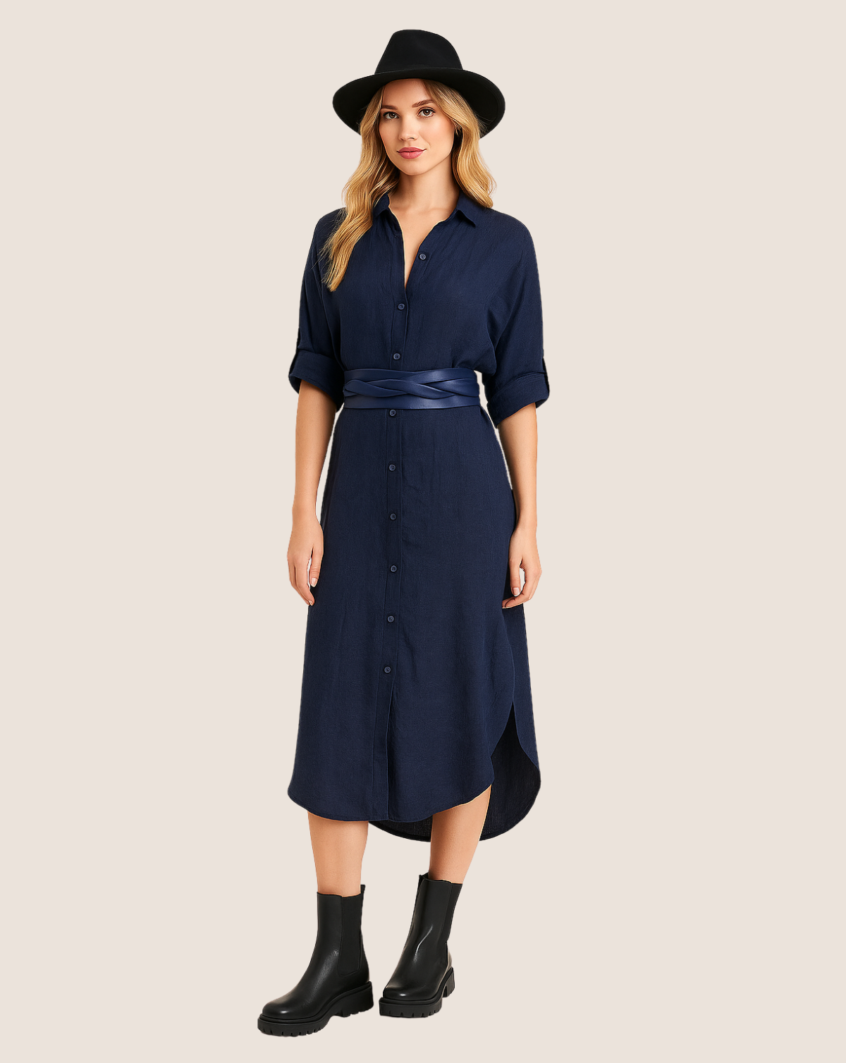 Solid Midi-Length Dress - Navy Blue