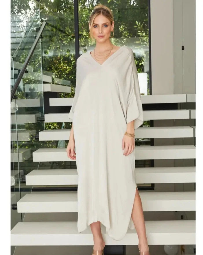 V-Neck Long Sleeve Silky Maxi Dress