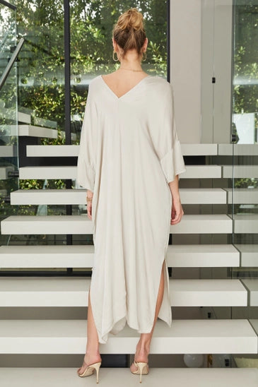 V-Neck Long Sleeve Silky Maxi Dress Beige / Medium V-Neck Long Sleeve Silky Maxi Dress Beige / Medium