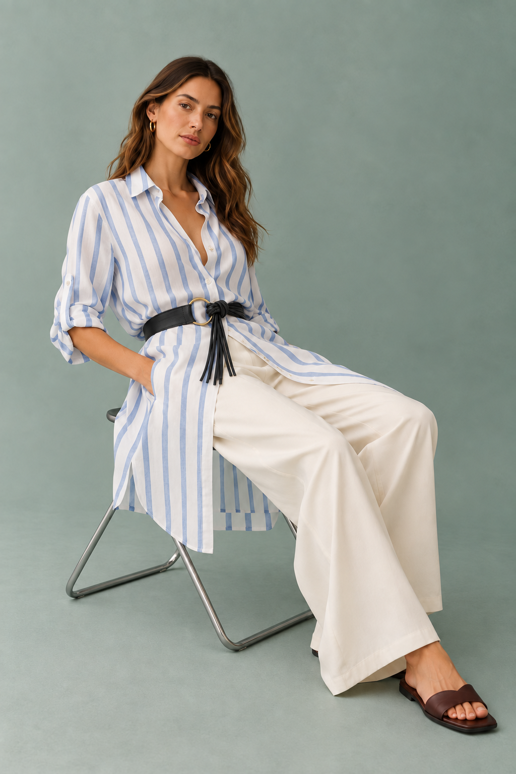 Linen Button-Down Dress - Stripped