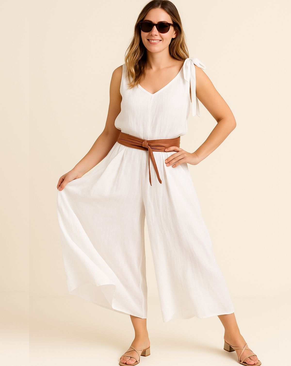 Jumpsuit Tie Shoulder V-Neck Linen - White