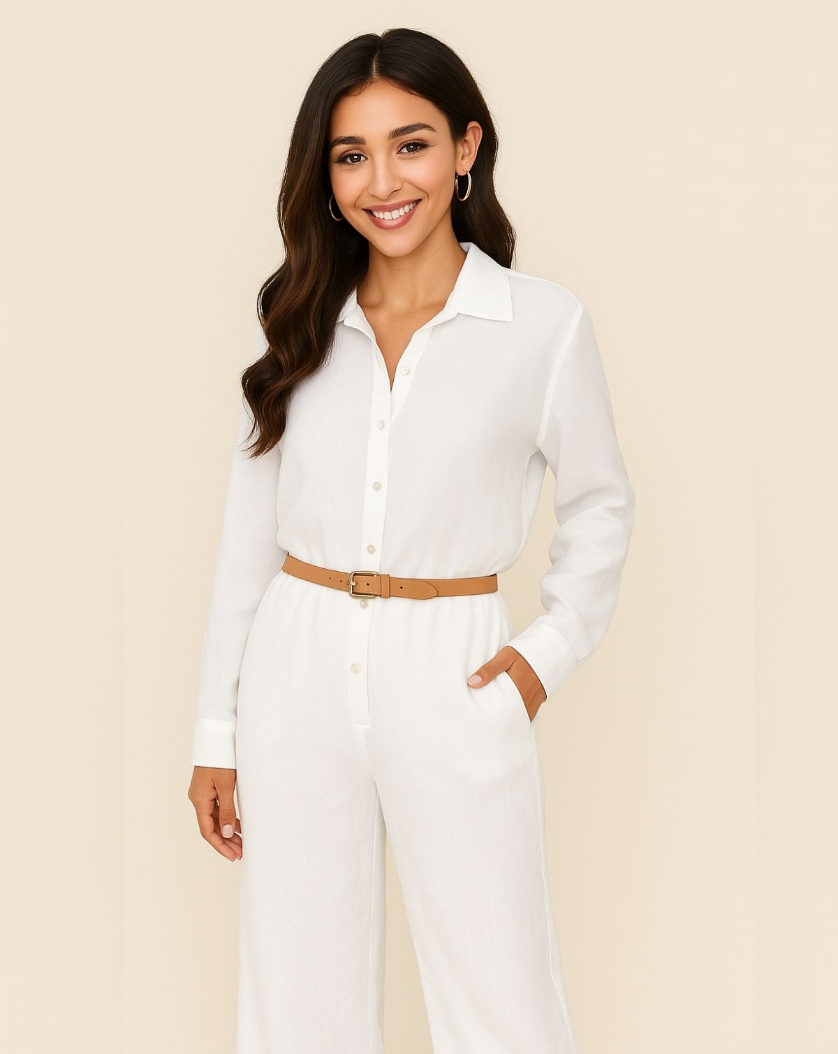 Linen Long Sleeve Button Down Shirt - White