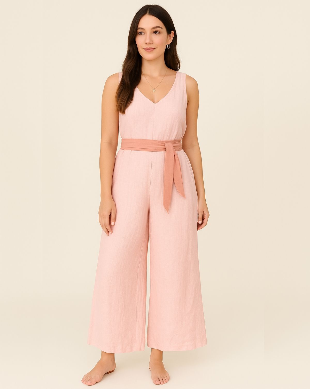 V-Neck Linen Jumpsuit Sleeveless - Blush