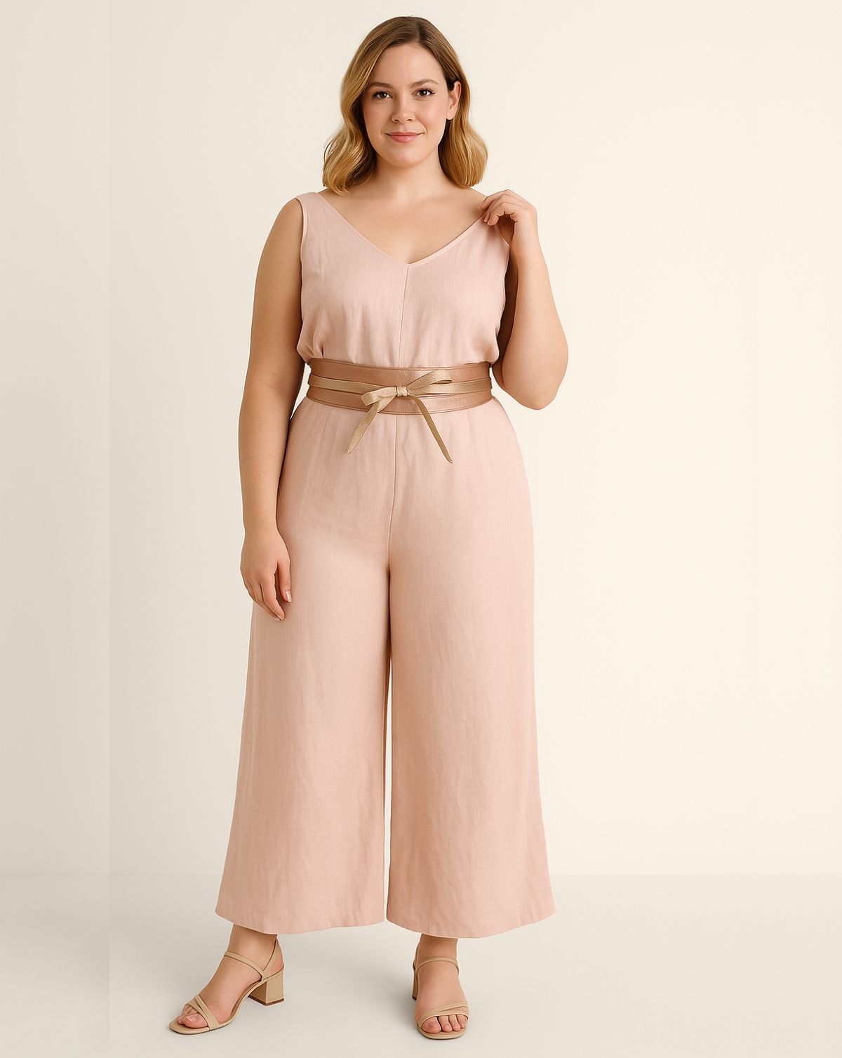 V-Neck Linen Jumpsuit Sleeveless - Blush